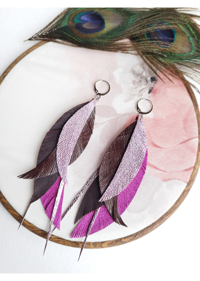  dark purple leather feather earrings long genuine leather jewelry 