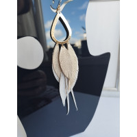 beige antique gold extra long leather feather earrings.