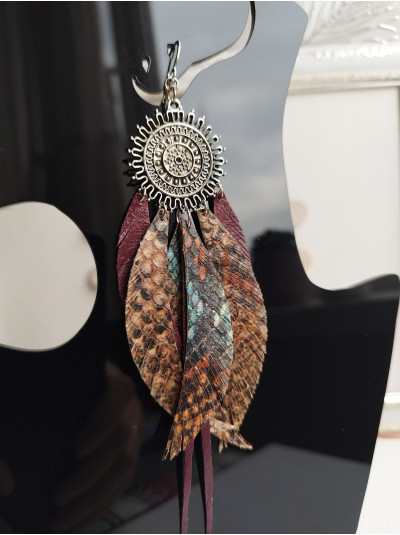 Snake print Brown Leather Feather Earrings: Tribal Extra Long Bohemian Jewelry