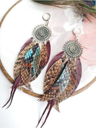 Snake print Brown Leather Feather Earrings: Tribal Extra Long Bohemian Jewelry