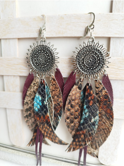 Snake print Brown Leather Feather Earrings: Tribal Extra Long Bohemian Jewelry