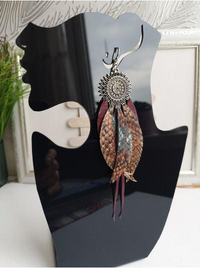 Snake print Brown Leather Feather Earrings: Tribal Extra Long Bohemian Jewelry
