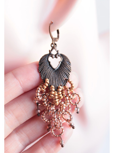 openwork brown  long beaded earrings