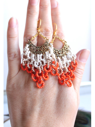 openwork beige coral   long beaded earrings
