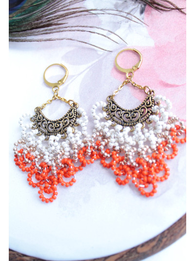 openwork beige coral   long beaded earrings