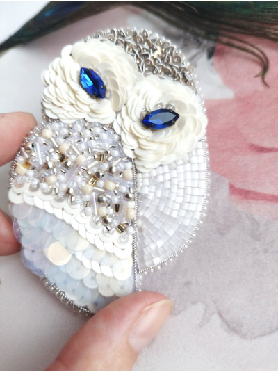 white owl beaded embroidery brooch 
