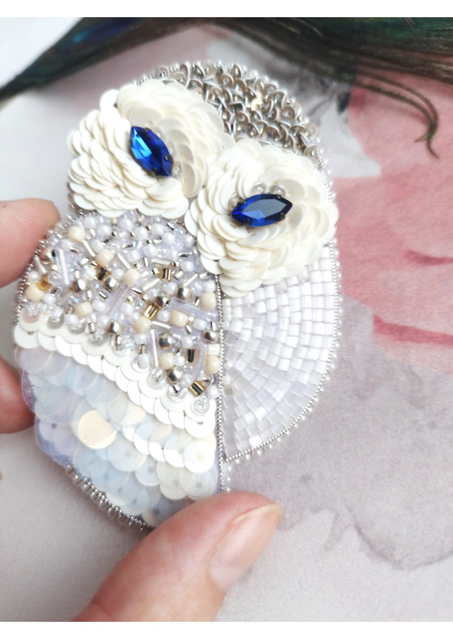 beaded owl brooch white ivory