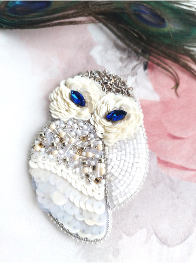 white owl beaded embroidery brooch 