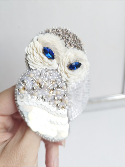 white owl beaded embroidery brooch 