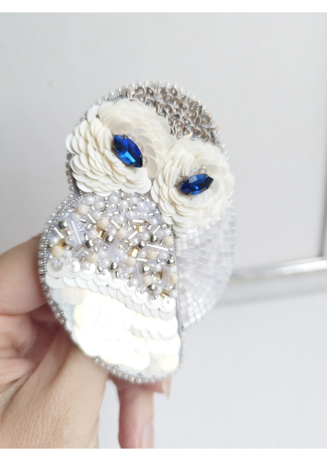 beaded owl brooch white ivory