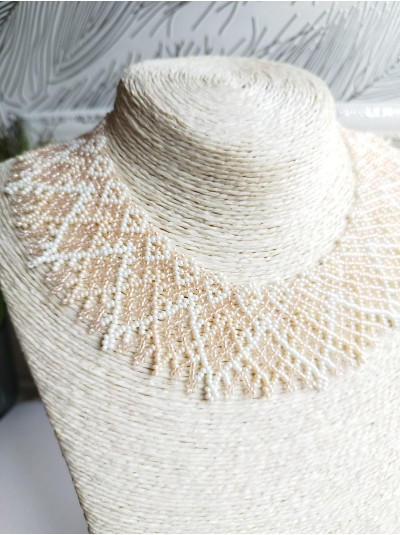 beige ivory openwork beaded collar necklace, traditional Ukrainian beaded sylyanka.
