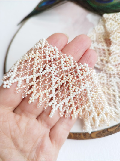 beige ivory openwork beaded collar necklace, traditional Ukrainian beaded sylyanka.