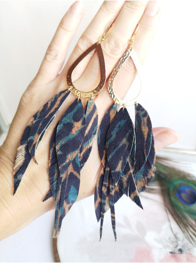 blue green leopard extra long leather feather earrings.