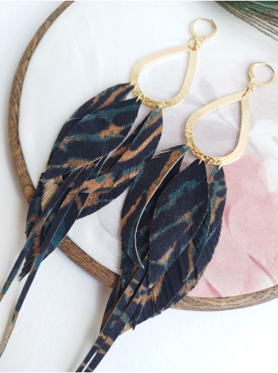 blue green leopard extra long leather feather earrings.