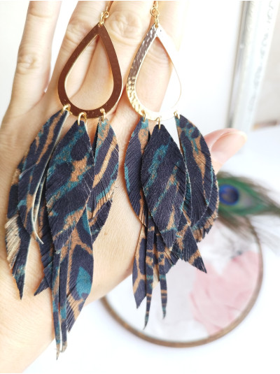 blue green leopard extra long leather feather earrings.