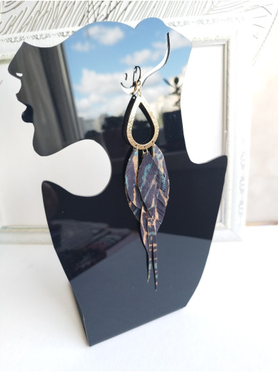 blue green leopard extra long leather feather earrings.