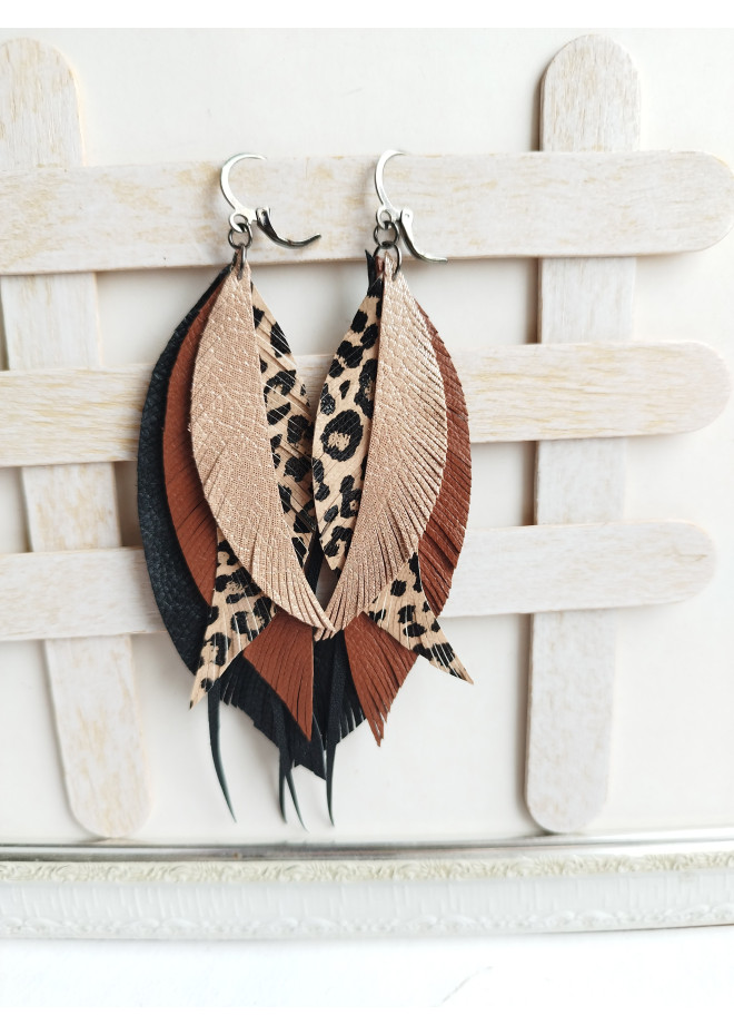 brown long feathers earrings genuine leather jewelry  