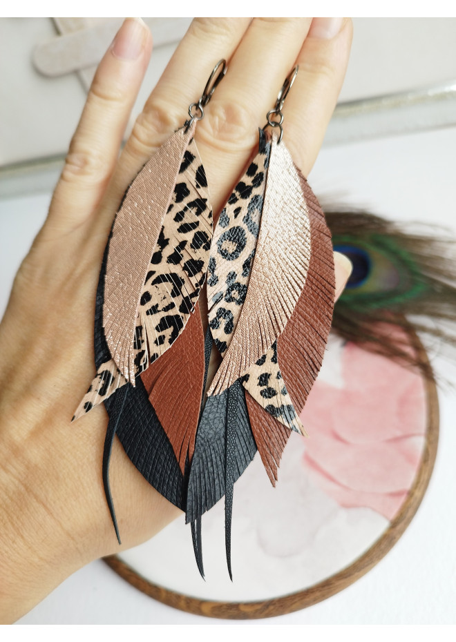 brown long feathers earrings genuine leather jewelry  