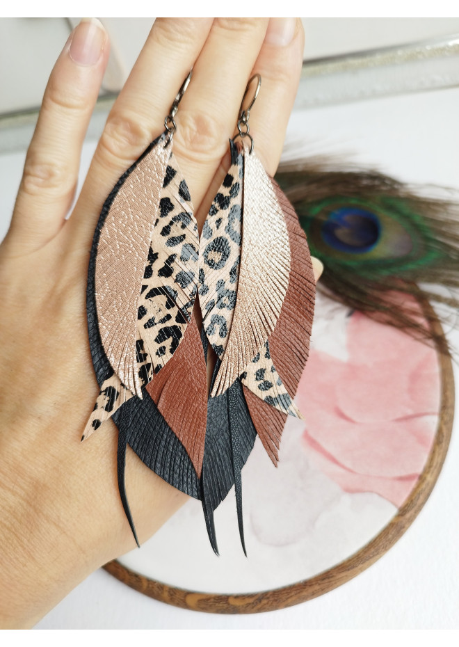 brown long feathers earrings genuine leather jewelry  