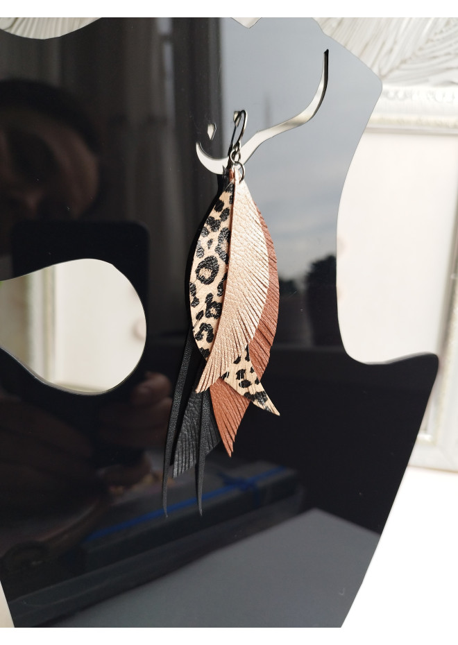 brown long feathers earrings genuine leather jewelry  