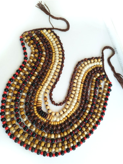 wood brown multi strand  beaded necklace, ethnic  handmade necklace