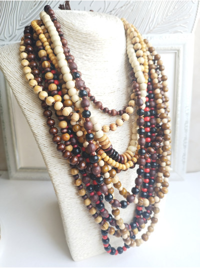 wood brown multi strand  beaded necklace, ethnic  handmade necklace