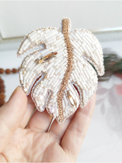 Beaded brooch monstera ivory beaded embroidery brooch. 