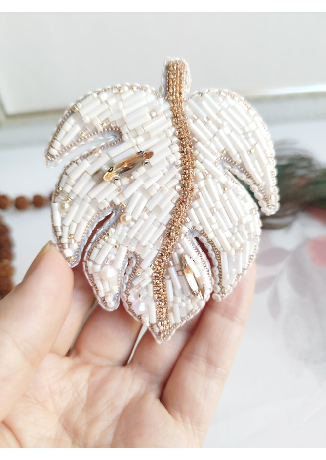 beaded embroidery brooch ivory monstera