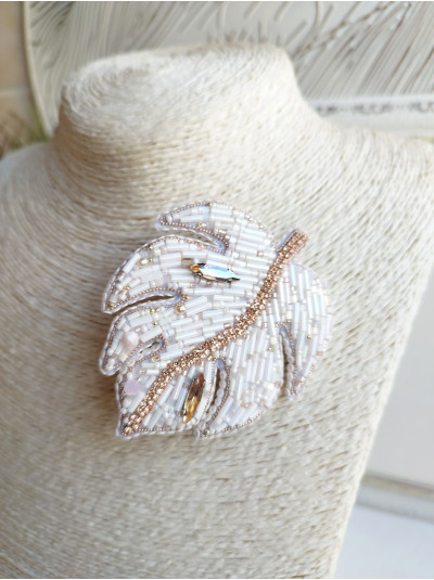 Beaded brooch monstera ivory beaded embroidery brooch. 
