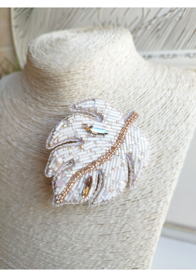 beaded embroidery brooch ivory monstera