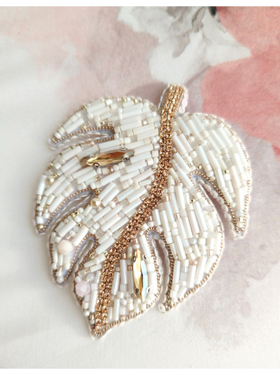 Beaded brooch monstera ivory beaded embroidery brooch. 