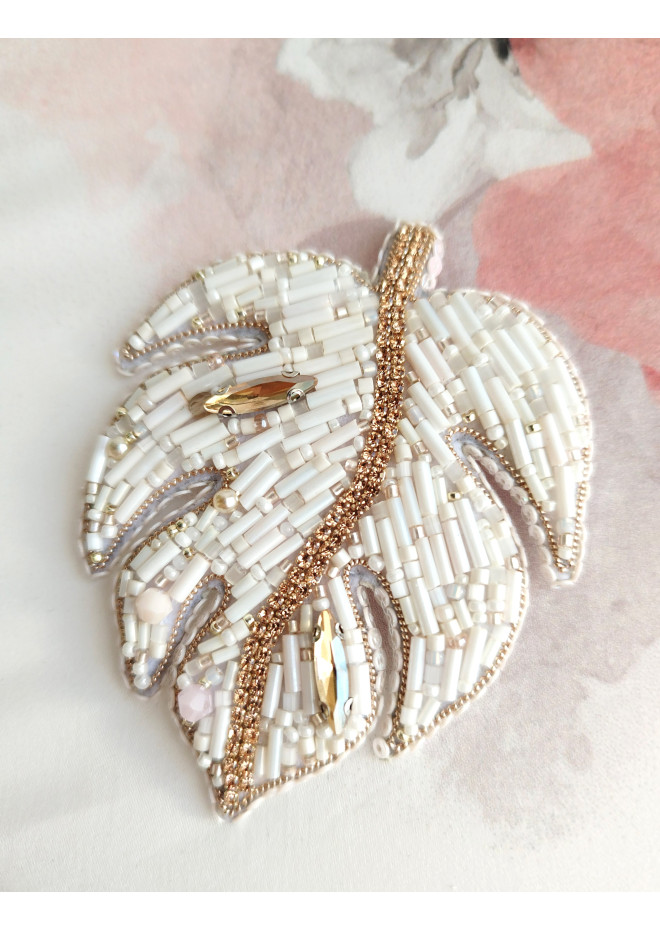 beaded embroidery brooch ivory monstera