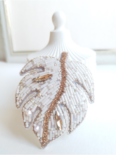 Beaded brooch monstera ivory beaded embroidery brooch. 
