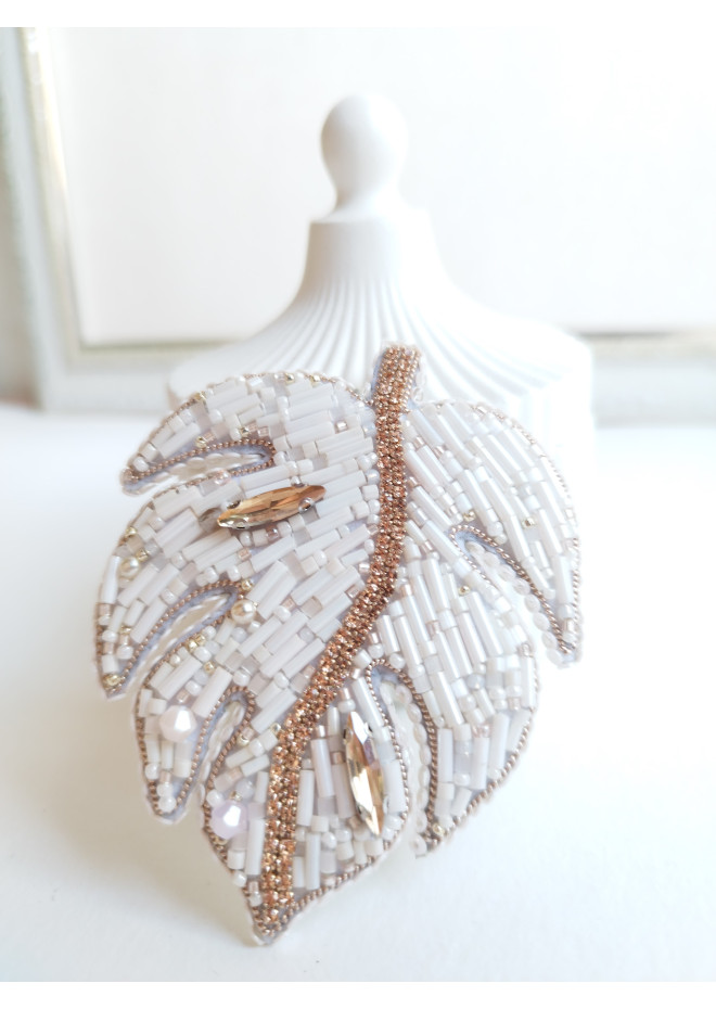 beaded embroidery brooch ivory monstera