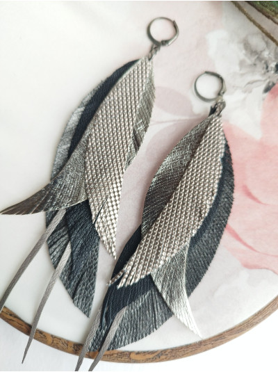 gray leather feather earrings.  