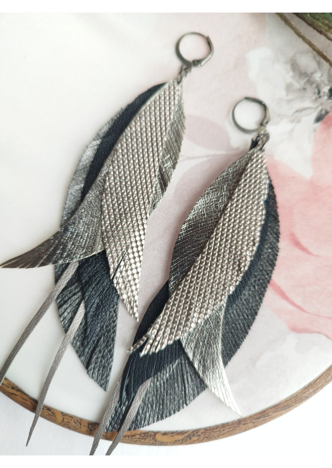 Multi layered earrings made from genuine leather
