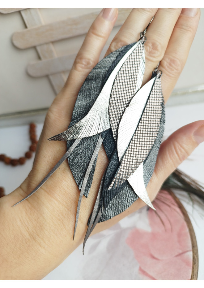 Multi layered earrings made from genuine leather