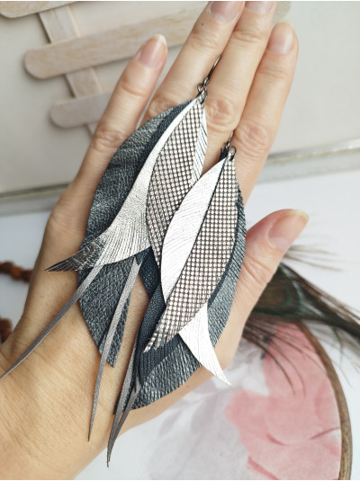 gray leather feather earrings.  