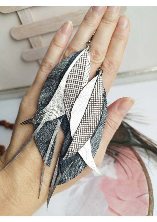 Multi layered earrings made from genuine leather