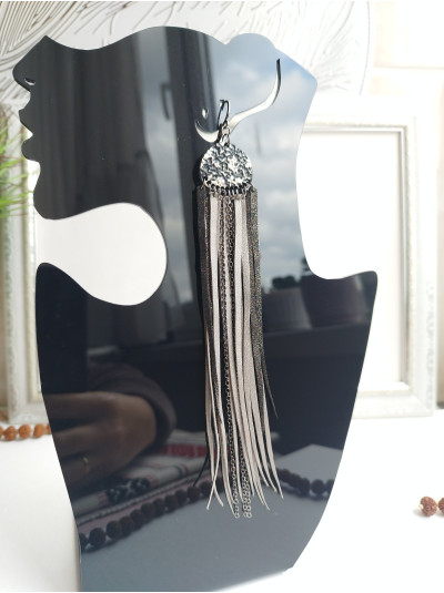 Gray black  long leather tassel earrings 