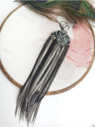 Gray black  long leather tassel earrings 