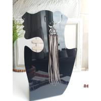 Gray black  long leather tassel earrings 