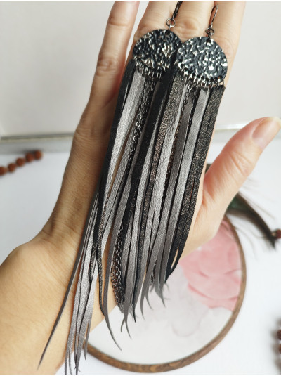 Gray black  long leather tassel earrings 