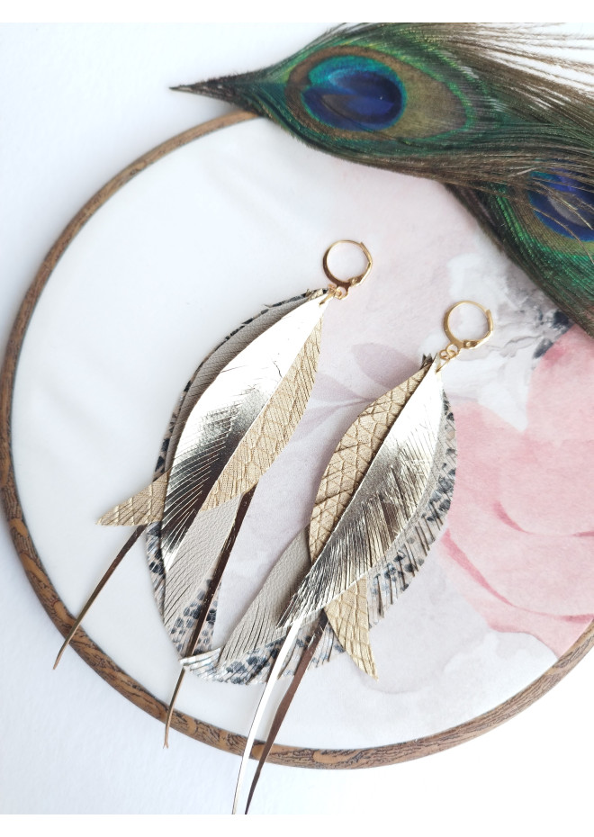 long leather feather earrings genuine leather jewelry sand gold
