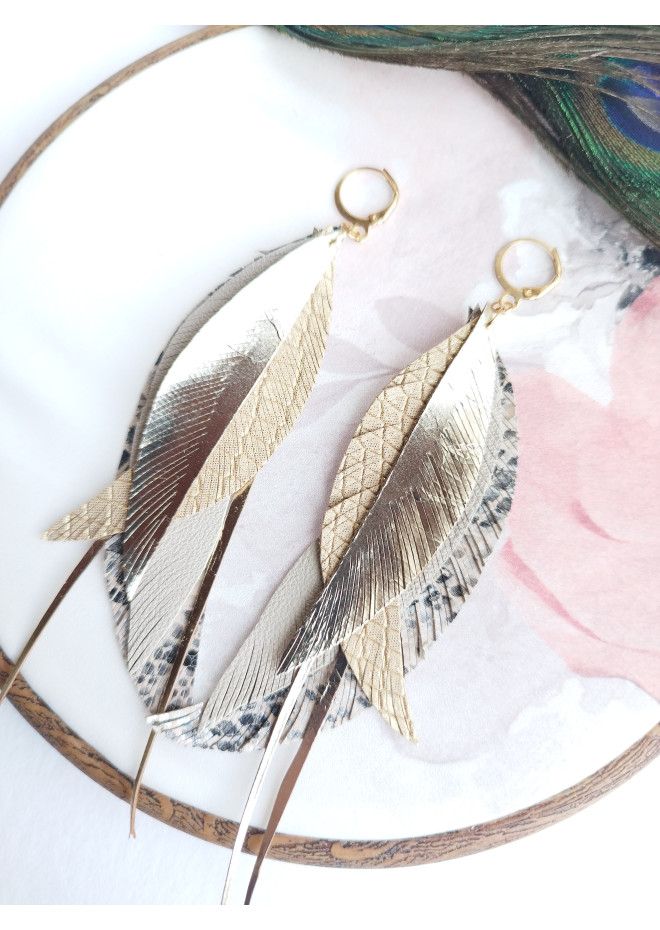 long leather feather earrings genuine leather jewelry sand gold