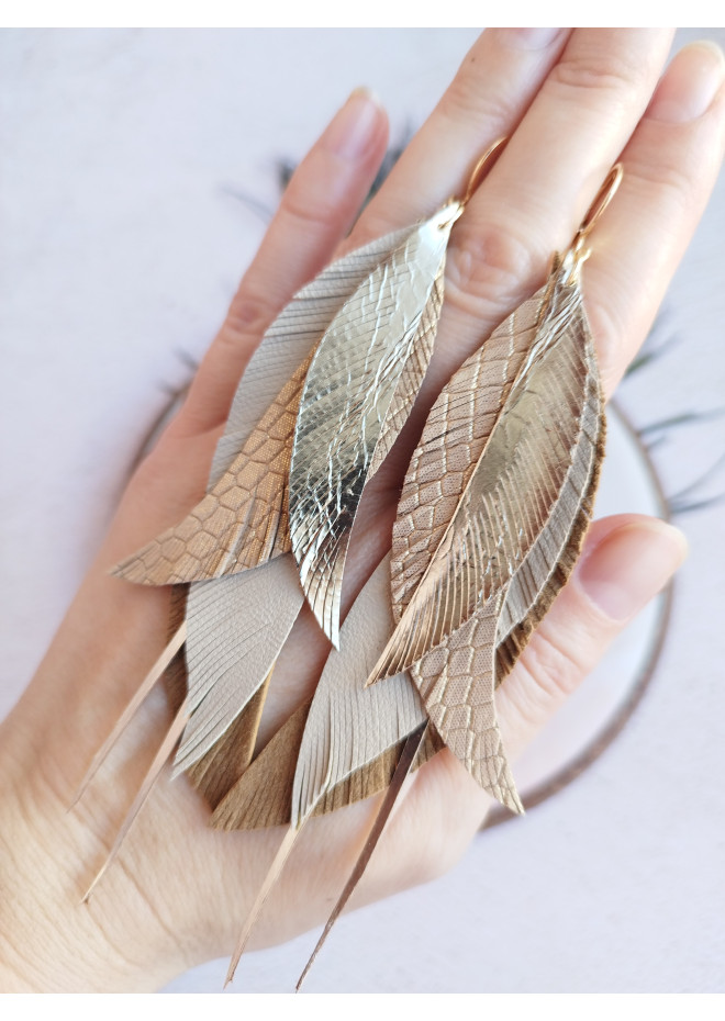 long leather feather earrings genuine leather jewelry sand gold