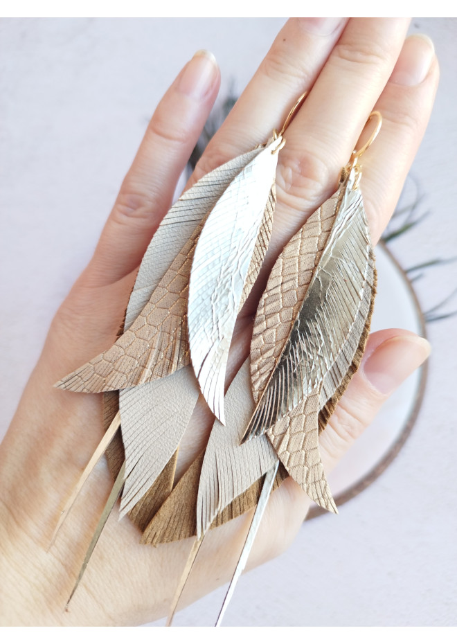 long leather feather earrings genuine leather jewelry sand gold