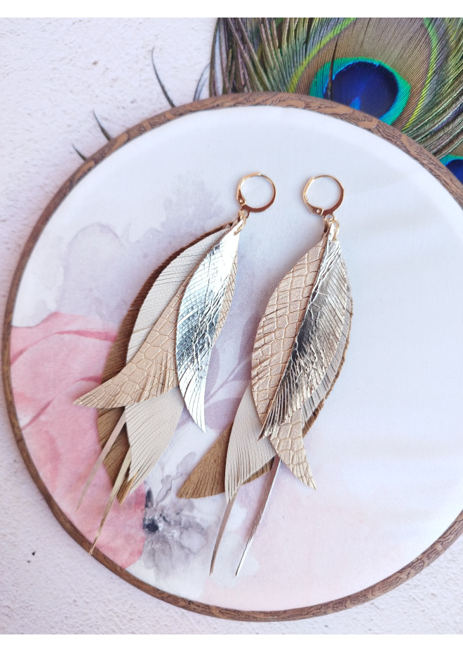 long leather feather earrings genuine leather jewelry sand gold