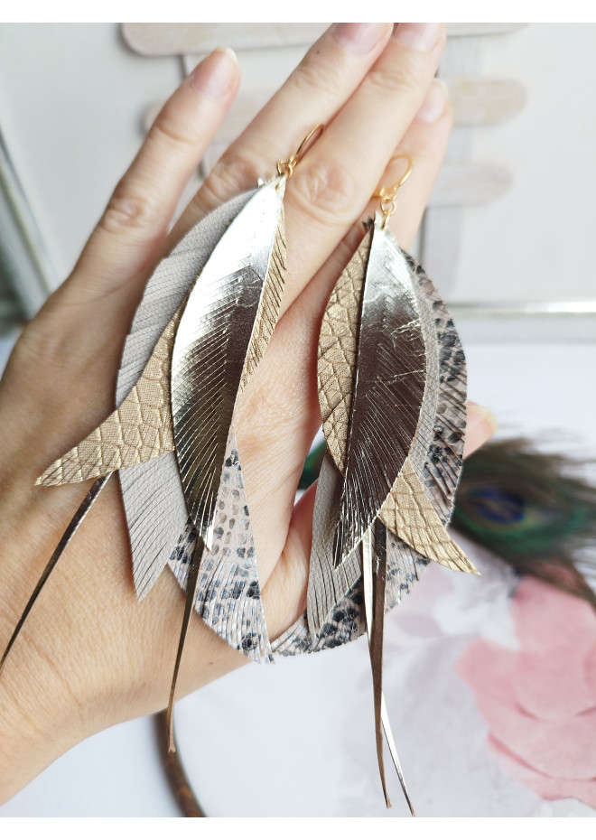 long leather feather earrings genuine leather jewelry sand gold
