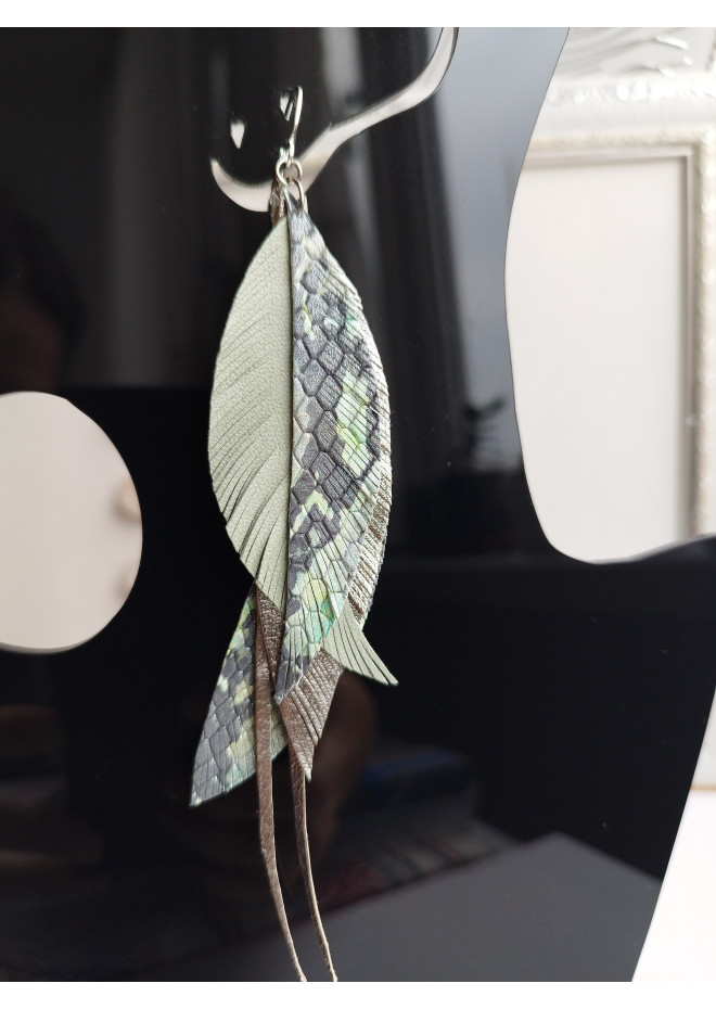 animal print  long feathers earrings genuine leather jewelry  